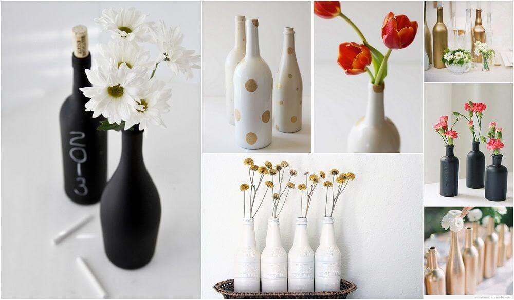 floreros con botellas de vidrio